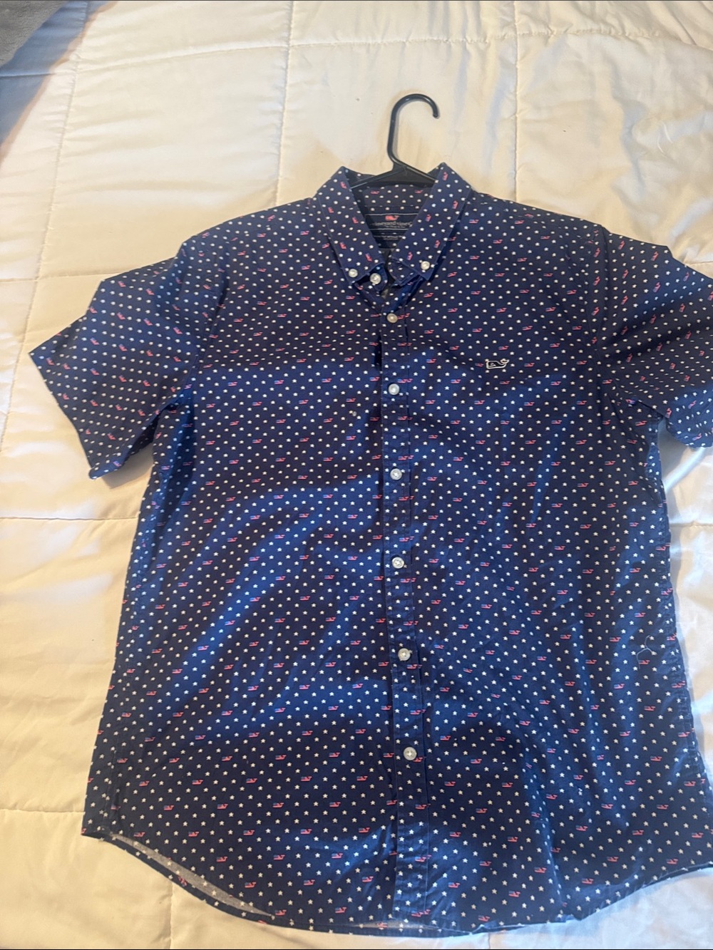 Short-Sleeve Navy Button-Down-Stars and Whale Flags-perfect for 4th of July